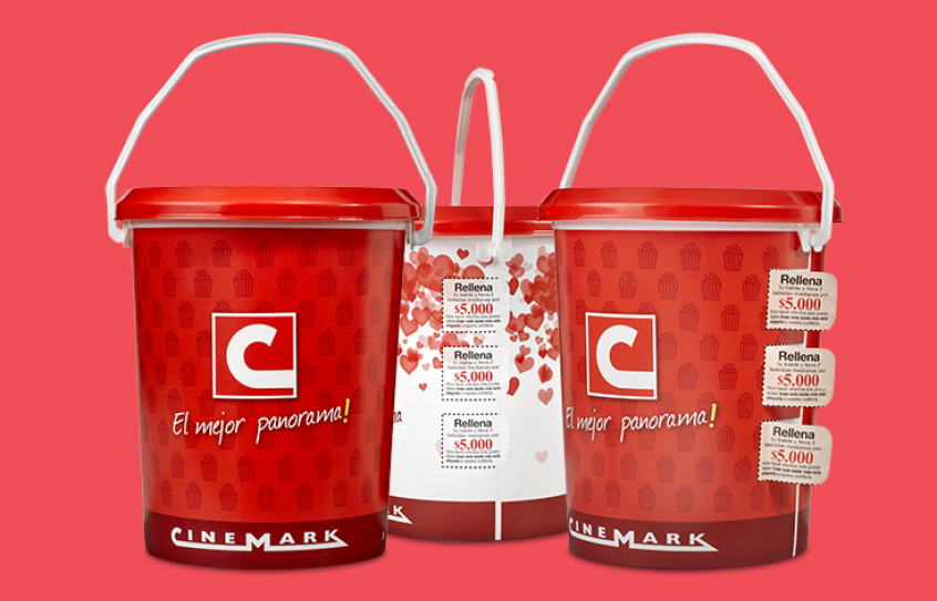 Cinemark popcorn tub with Peelable IML