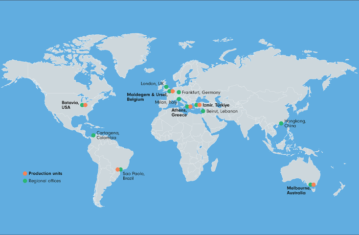 World map showing MCC IML production plants and sales offices